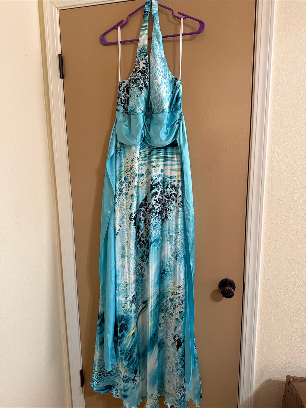 Taboo Aqua and Teal Halter Maxi Dress with Abstract Print